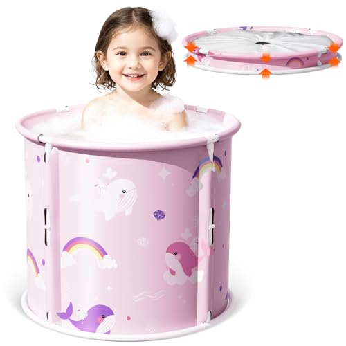 Portable Bathtub, Foldable Bathtub for Kids, Therapy Tub for Shower Stall Bathroom Fold Up Japanese Soaking Hot SPA Bath Tub, Christmas Gifts for Boys and Girls 21.65''x23.62''(Ocean World Pink)