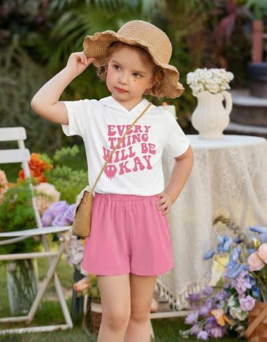 Image of Girls Summer Outfits Kids Hooded-Shirts and Elastic Waist Shorts Sets | short sleeve drop shoulder hooded shirt and shorts with two pockets tie dye leopard letter
