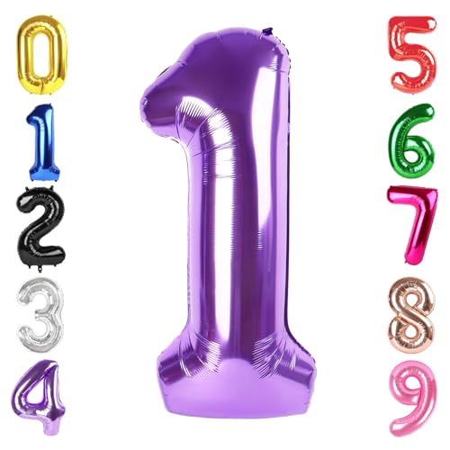 Image of 40 Inch Purple Number 1 Balloon Birthday Party Decorations for Men & Women | 40 Inch Purple inflatable foil number balloons, large birthday decorations for 1st birthday
