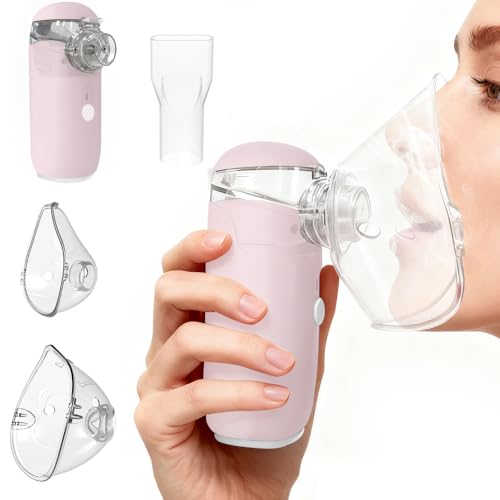 Nebuliser Machine for Adults & Kids, Handheld Nebulizer with 2 Masks and Mouthpiece, Portable nebuliser for Adults & Kids with Charging Function, Suit for Home & Travel (Pink)