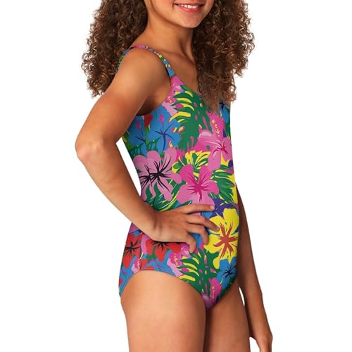 Image of Girls Teen Bathing Suit One Piece Swimsuit Hawaiian Pattern Vibrant Tropical Floral Print Summer Retro Beach Wear Quick Dry Swim Dress 13-14 Years