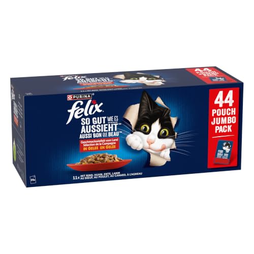 FELIX So gut wie es aussieht Nassfutter für Katzen Geschmacksvielfalt vom Land Vorteilspack, 44 praktische Portionsbeutel, zarte Stückchen in Gelee, 4 leckere Sorten, 100% vollständige Ernährung