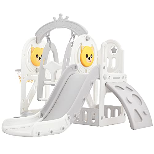 Image of Merax 5-in-1 Toddler Slide and Swing Set, Kids Slide with Climber, Telescope and Storage Space, Outdoor Indoor Swing Slide Set for Toddlers Age 1+