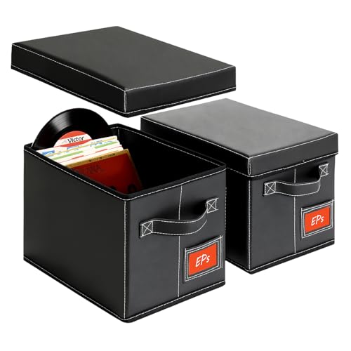 yoyobubu 2-Pack 7-Inch Vinyl Record Storage Boxes Black Faux Leather Record Holder & Case with Lid Compact Storage Crate for Singles EPs Vinyl Rolls and Accessories