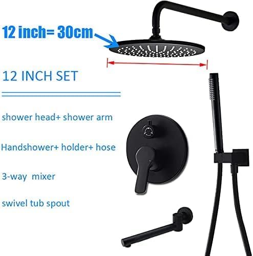 Black Round 3-Way Shower Faucet Set Wall-Mounted Brass Rainfall Shower Head Swivel Spout 8-Inch & 12-Inch Mixer Valve Modern Bathroom Fixture