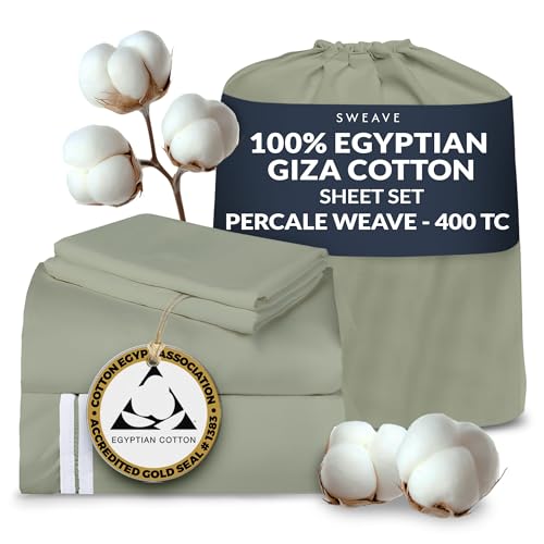 Sweave 100% Egyptian Cotton Percale Sheets King Size - Genuine Luxurious 400 Thread Count - Naturally Crisp, Breathable, Skin-Friendly & Cooling - Softer After Each Wash - Oeko-TEX Certified Giza