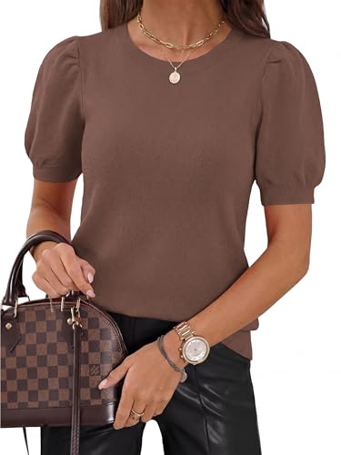 Image of PRETTYGARDEN Womens Sweaters Spring 2026 Summer Puff Short Sleeve Sweater Trendy Cute Knit Work Blouses Business Casual Tops
