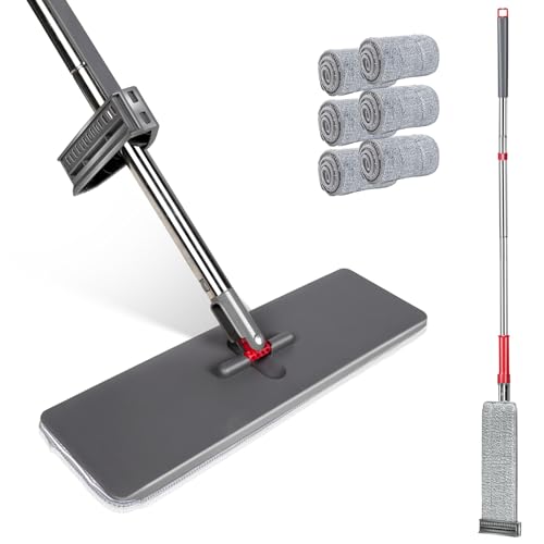 Masthome Mopa Plana de Microfibra con Escurridor Integrado, Mopa Profesional con 6 Sellos de Microfibra, Mop para Limpieza de Suelos de Madera Dura, Azulejos y estratificado, Gris + Rojo