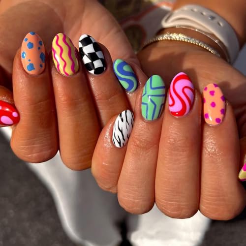 Dopamine Colorful Press on Nails Short CEWEWP Almond Fake Nails with Checkered Striped Design Cute...
