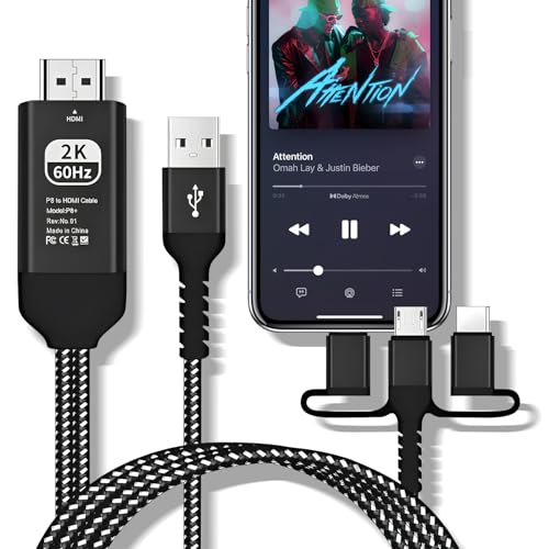 Topamz Phone HDMI�ϊ��P�[�u�� 3in1�y�v�V�f�U�C���z Phone/Type C/Micro USB to HDMI �P�[�u�� AV/TV���� 2M�ڑ��P�[�u�� 1080P���ʒx���Ȃ� �ȒP�ڑ� �[�d���Ȃ���Đ� ��ʃ~���[�����O Ph