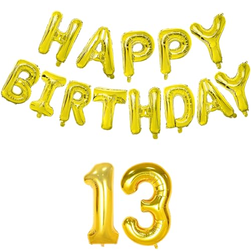 Image of Flyloons 13th Golden Colour Happy Birthday Foil Balloon Banner Set for 13 Year Old Teenage | with Number Thirteen | 13 Letters Reusable Happy Birthday Metallic Foil Balloons Decoration Kit,15 pcs