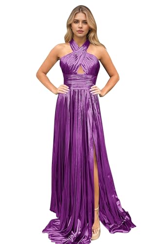 UZN Metallic Sparkly Satin Prom Dresses Long with Split Pleated Formal Evening Party Gowns