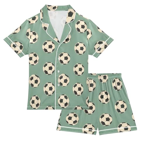 ALAZA Soccer Football Green Lovely Satin Pajamas Set Short Sleeve Button Down Sleepwear Summer Pjs 2 Piece