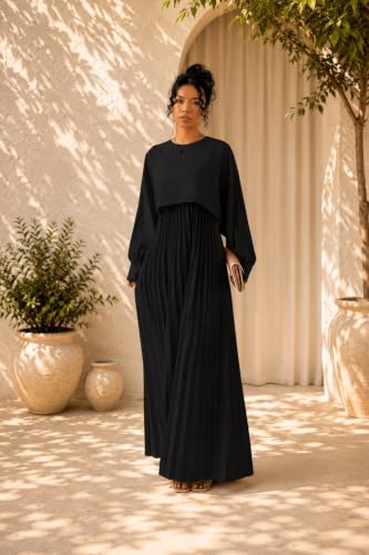 Image of LITZO Women's One Piece Dress - Georgette Solid Color Western Gown | Long Sleeve Round Neck Fit & Flare Flared Hem Design | A-Line Maxi Dress for Women | New Year Party Outfit (NO-17-18)