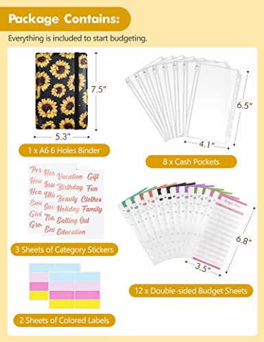 Image of A6 Budget Binder for Money Saving, PU Leather Budget Planner with 8 Cash Envelopes, Budget Sheets & Rose Gold Category Stickers, Money Organizer for Cash (Black Sunflower)