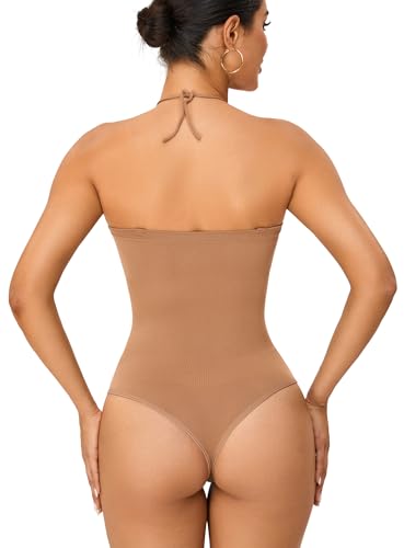 HOMETA Women's Strapless Shapewear Bodysuit Tummy Control Body Shaper Sculpting Thong Bodysuit Drawstring Jumpsuit Top2