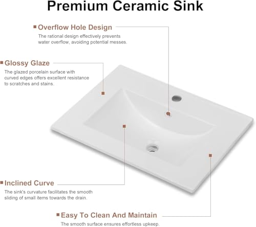 OLD CAPTAIN Bathroom Vanity with Ceramic Sink, Wooden Double Door Bathroom Storage Vanity with 24 Inch, Small Quick Assembly Bathroom Cabinet, White & Grey - Image 4