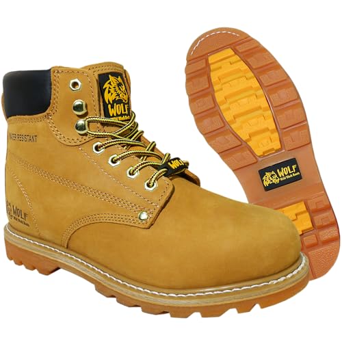 Wolf Work Boot | 100% Genuine Upper Leather | Oil Impact | Electrical Hazards | Non-Slip Rubber Sole | Tan Nubuck Plain Toe | Padded Collar | Construction | Industrial PPE