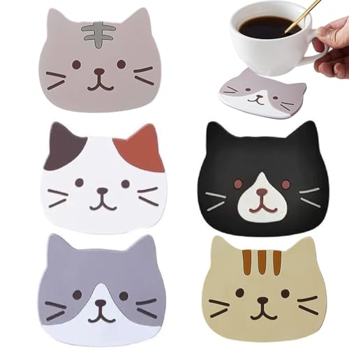 5 sous-Verres Chats Mignons – Anti-Dérapants en PVC Réutilisable – Résistants à la Chaleur et Lavables – Idéal pour Vin, Thé ou Tasse –...