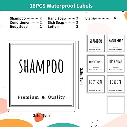 Image of Segbeauty Bathroom Organization Labels, 18pcs Waterproof Soap Dispenser Bottle Label Stickers, White Removable Self-Adhesive Stickers for Shampoo Conditioner Hand Soap Lotion Dish Wash Bottles