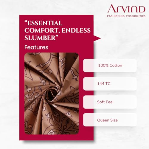 Image of Arvind Bedsheet Set - 100% Cotton Bedsheet for Double Bed (1 Queen Size Bedsheet with 2 Pillow Covers) Soft Breathable, 144 Thread Count - Slumber -(21022-A)