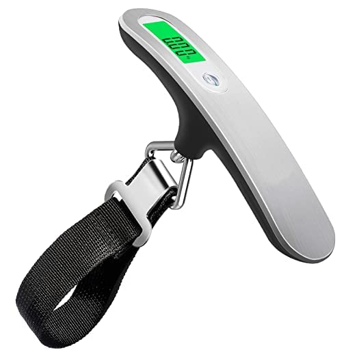 FINALIZE New Electronic Portable Weighing Machine Digital Accurate Mini Scale with Strong Metal Hooks Luggage Bag Scale For Travel Fishing Manual Weight 110 lb/50 Kg LCD Display Screen- (Silver)