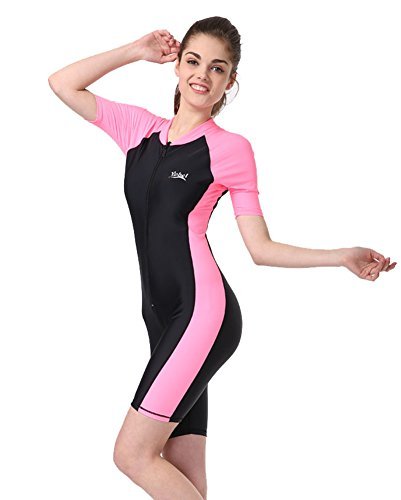 BIKMAN One-Piece Snorkeling Surfing Swim Suit Short Sleeves Plus Size Swimwear- Sun Protection (S(Weight:93.5lbs-121lbs), Pink)