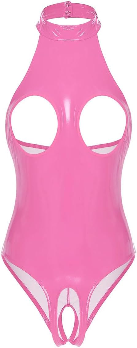 Womens Latex Lingerie Cutout Patent Leather Bodysuit Halter Neck Backless Crotchless Pink