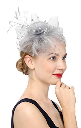 Cizoe Fascinators Hat for Women Tea Party Headband Kentucky Derby Wedding Flower Cocktail Mesh Feathers Hair Clip(1-Silver Gray)
