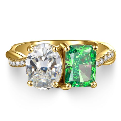 3.5ct Radiant Oval Cut 925 Sterling Silver Rings, Toi et Moi Engagement Ring with Round Cubic Zirconia for Women, 14k Gold/Rhodium Plated Created Aquamarine Emerald Moonstone Band, Size 5-93