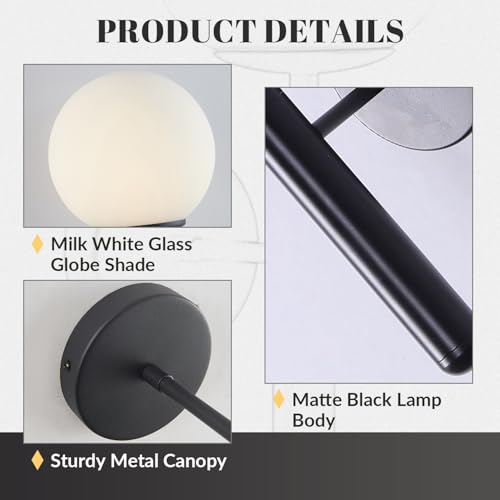 Image of KCO Lighting Black Wall Sconces Set of 2 Modern Globe Wall Sconce Milk Glass Wall Light Farmhouse Mid Century Wall Sconce Bathroom Wall Light Fixture Over Mirror