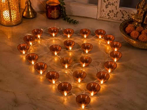 Image of MoonlitDreams Electric Diya Lights, 10 LED Traditional Diya String Light for Diwali Decoration, Home Decor, Mandir & Pooja, Festive Decorative Lighting, Brown