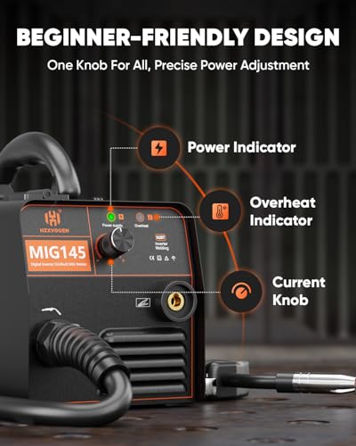 H HZXVOGEN Gasless MIG Welder 220V Flux Core 145A Welder, Dual Voltage 220V MIG Welding Machine, IGBT Inverter Portable Welder Machine with Smart Digital LED, Built-in Indus tria-Grade chip