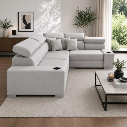 Image of Torque Sienna 4 Seater L Shaped Sofa Set for Living Room - Light Grey-RHS | Premium Fabric Sofa with Adjustable Headrests & Cup Holders | L-Shape 4 Seater Couches