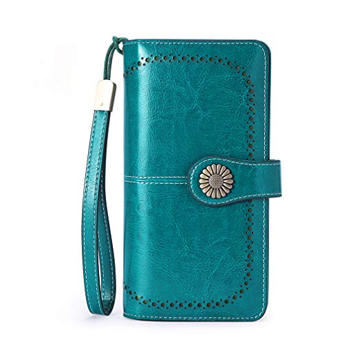 UMODE Womens Wallet Vintage Genuine Leather Trifold Large RFID Blocking Zipper Wallets with Wristlet Strap