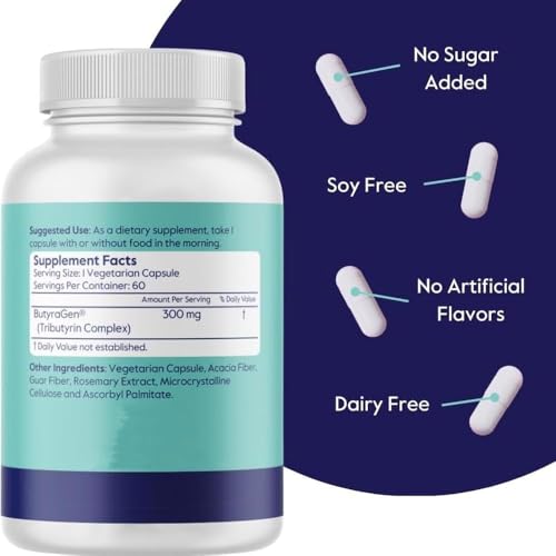 Image of ButyraBoost 300mg Tributyrin Complex (60 Vegetarian Capsules) - No Stearates - Vegan - Non GMO - Gluten Free - Butyrate Gut Health Supplement
