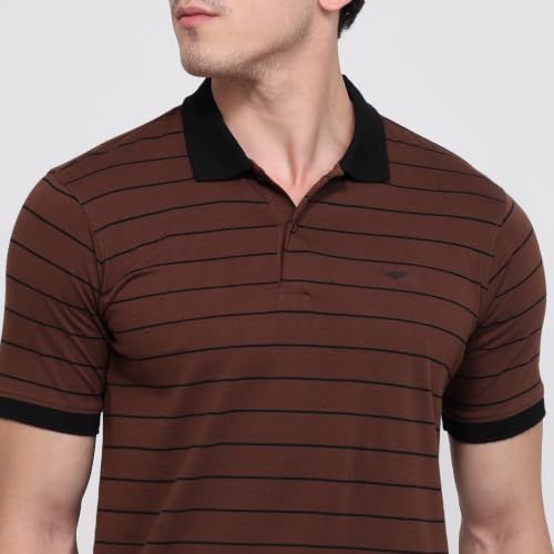 Image of Park Avenue Men Slim Fit Stripe Pattern Pure Cotton Polo Neck Half Sleeve Casual T-Shirt