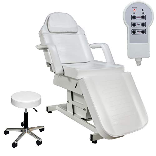 LCL Beauty Fully Electric Controlled Massage & Facial Bed, Adjustable Backrest & Leg Rest, Removable Arms, Included Technician Stool - White