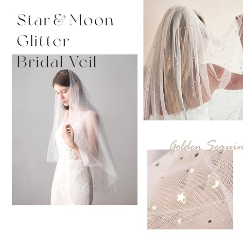 Velo de novia blanco glitter largo tul estrellas bachelorette party 3