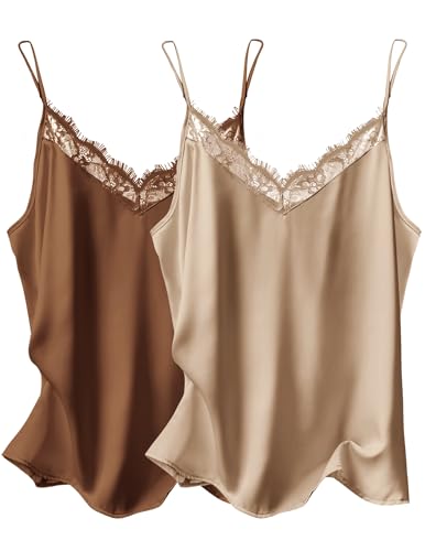 Image of Ekouaer Women's Satin Lace V Neck Camisole Tops Pajama | Women's Satin Camisole Lace Pajama Tank Tops V Neck Soft Spaghetti Strap Loose Sleepwear