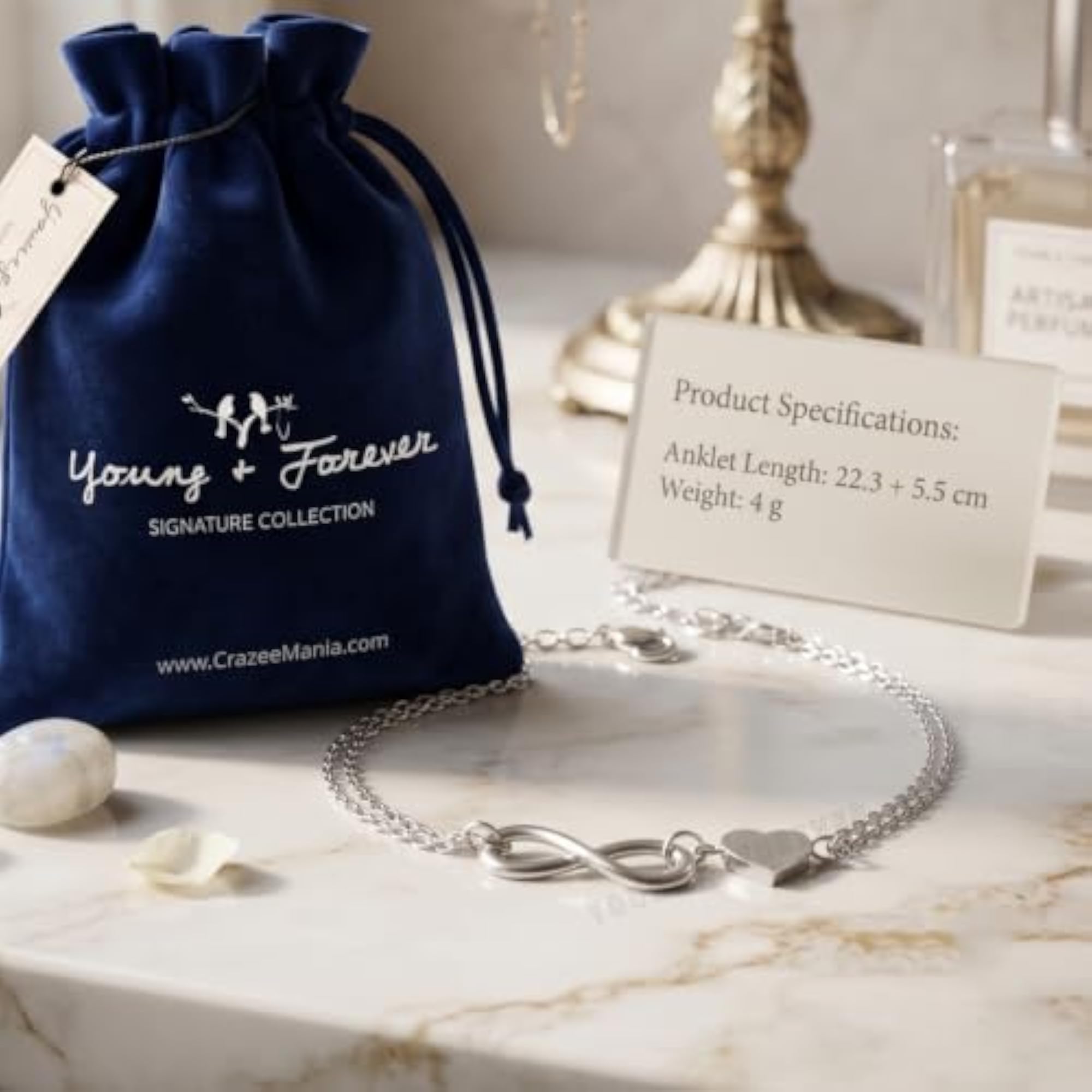 Double Layer Silver Plated Infinity Heart Anklet, Adjustable