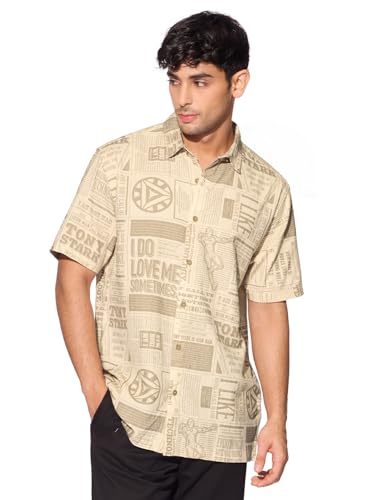 Image of The Souled Store Official Iron Man: Marvel News Men and Boys Short Sleeves Collared Neck Button Front Beige All Over Printed Regular Fit Holiday Shirts