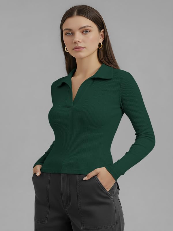 Image of Dream Beauty Fashion Women's Collared Neck Long Sleeve Slim Fit Casual Tee Top for Woman