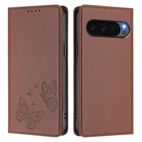 Étui en cuir Google Pixel 5 marron chic à motif papillon gravé