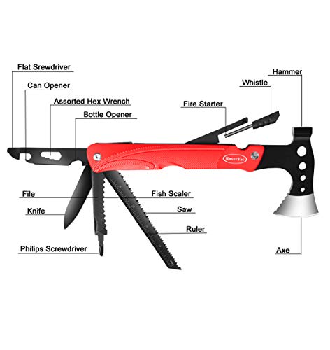 Rovertac Camping Hatchet Multitool Axe Survival Gear Gifts For Men Dad Him 14-In-1 Axe Hammer Knife Saw Bottle Opener Fire Starter Whistle Perfect For Camping Survival Hiking Fishing #TOP1