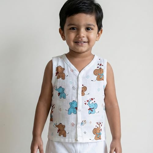 Image of The Boo Boo Club Unisex Baby Muslin Cotton Printed Sleeveless Jhabla, Soft Breathable for Summer Wear (Pack of 4)