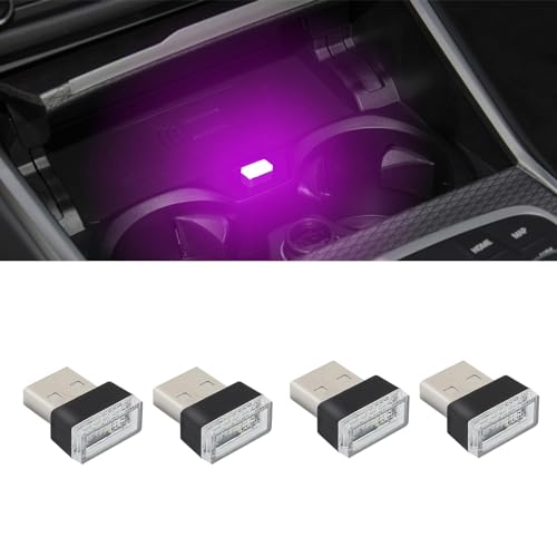 WINUERK 4PCS USB LED Car Interior Atmosphere Lamp, Plug-in USB Decor Night Light, Portable Auto Ambient Lighting Kit, Universal Car Interior Accessories LED Night Light for Most Cars (Pink purple)
