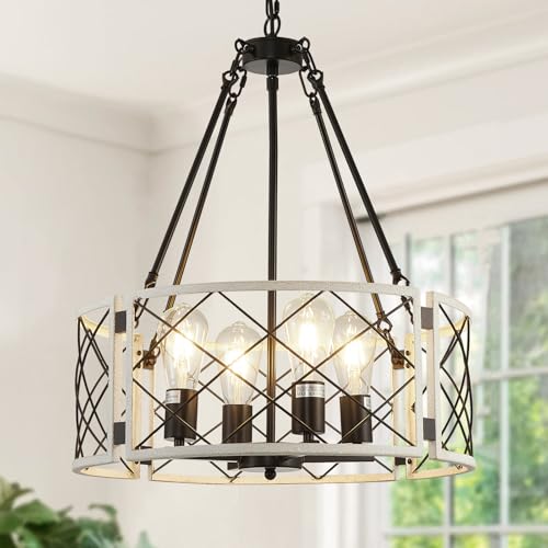 20'' Farmhouse Chandelier, 4-Light Black & Vintage White Dining Room Light Fixture Over Table, Rustic Industrial Drum Hanging Pendant Lights for Kitchen Island Living Room Bedroom Hallway Entryway