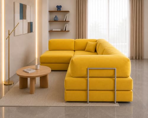 Image of Torque Vegas 5 Seater L Shape Sofa Cum Bed for Sleeping- Yellow | Suede Fabric 5 Seater Sectional 3-in-1 Sofa Bed | Corner L Shaped Sofa Set for Living Room Office