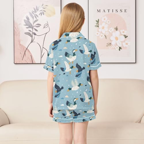 ALAZA Blue Duck Flying Satin Pajamas Set Short Sleeve Button Down Sleepwear Summer Pjs 2 Piece4